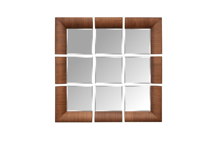 Wooden picture frame with nine square sections on a white background