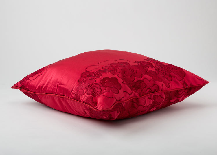 Red Silk Pillow with Flower Embroidery