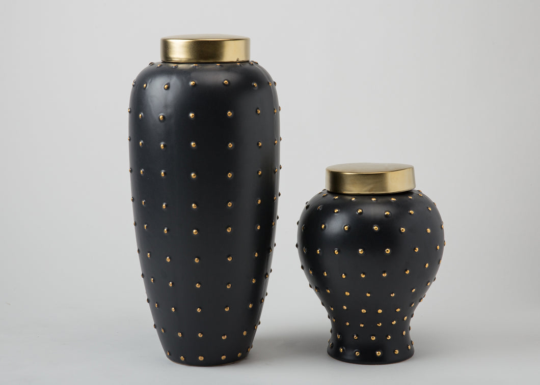 Black Ceramic Vase with Gold Dots