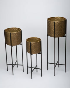 Set of 3 Leaf Metal Gold Pots with Black Racks