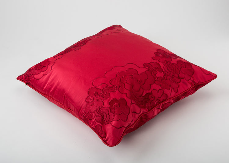 Red Silk Pillow with Flower Embroidery
